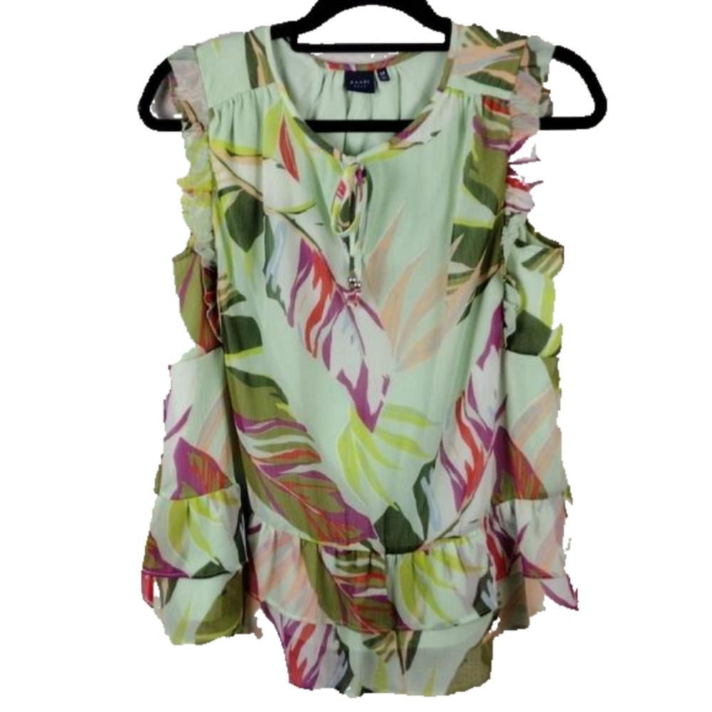 KAARI Blue Green Multicolored Floral Keyhole Front Sleeveless Ruffle Layered Top